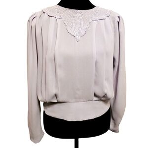 VINTAGE At Once Lace Pleated Button Back Secretary Gray Blouse Top Medium